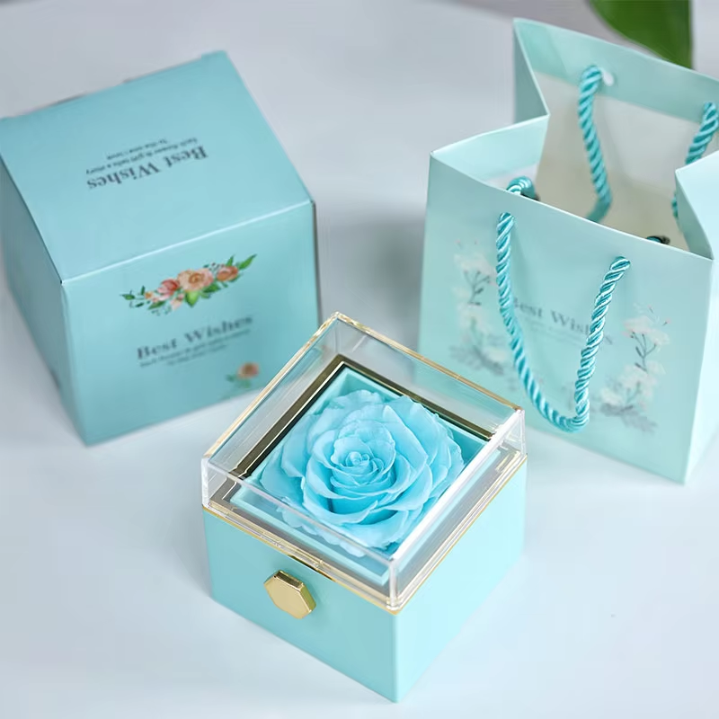 A rotating rose gift box that preserves real roses, processed to never wither,  It's a great gift for a wife, mother, or friend