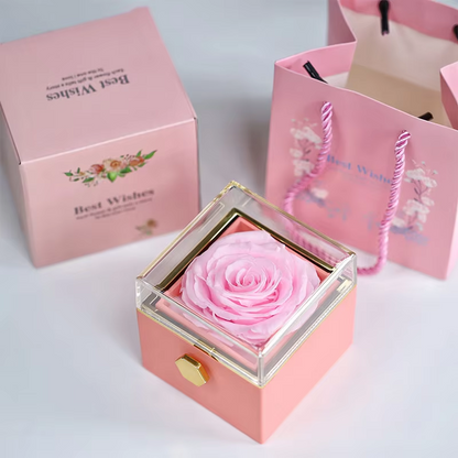 A rotating rose gift box that preserves real roses, processed to never wither,  It's a great gift for a wife, mother, or friend