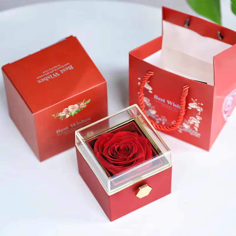 A rotating rose gift box that preserves real roses, processed to never wither,  It's a great gift for a wife, mother, or friend